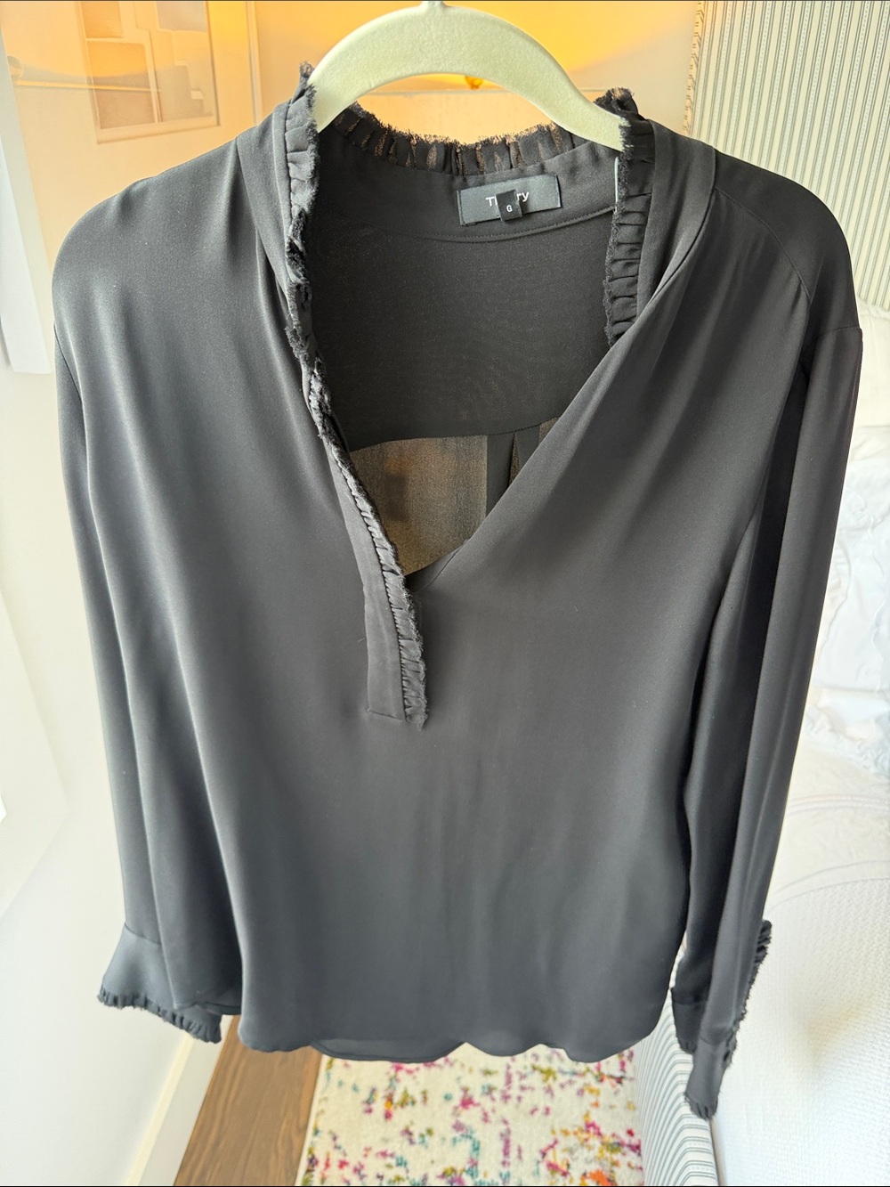 Theory Black V-Neck Long-Sleeve Blouse with Frayed Trim